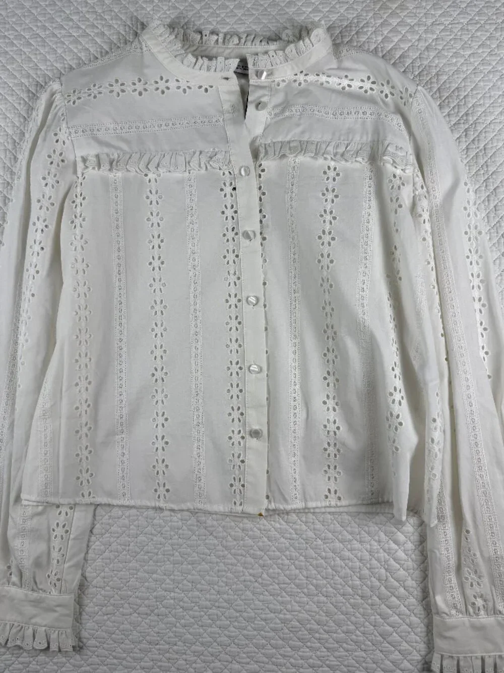 ZARA White Eyelet Ruffled Long Sleeve Blouse Size XL Cottagecore Boho